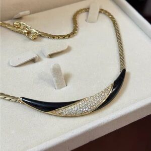 Vintage Christian Dior Crescent Moon Smile Black Enamel Rhinestone Gold Necklace